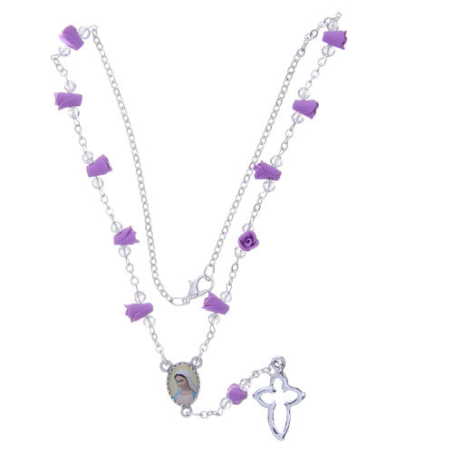 Medjugorje Rosary necklace with wisteria colour ceramic roses and icon of Our Lady 4