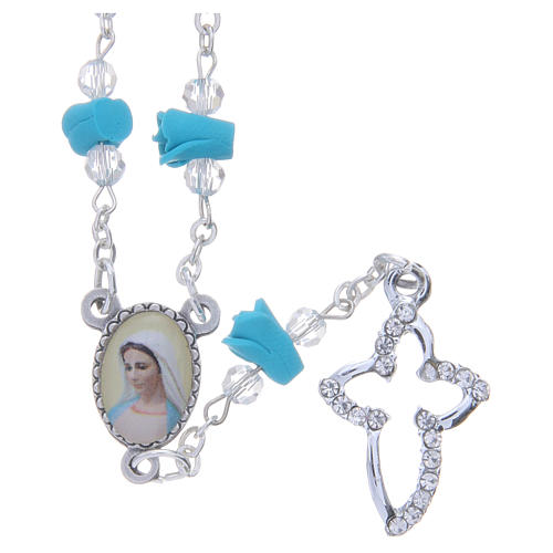 Medjugorje Rosary necklace with turquoise ceramic roses and icon of Our Lady 1