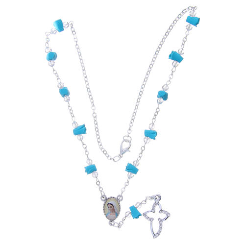 Medjugorje Rosary necklace with turquoise ceramic roses and icon of Our Lady 4