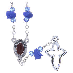 Medjugorje Rosary necklace with blue ceramic roses and icon of Our Lady