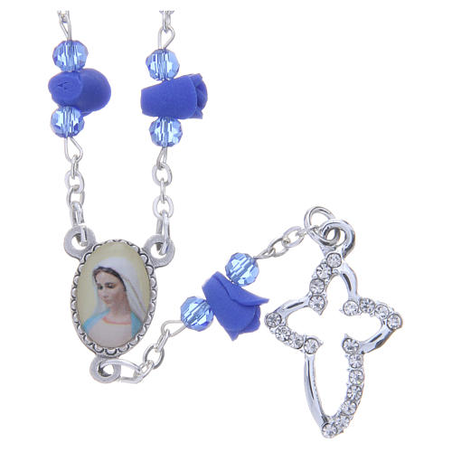 Medjugorje Rosary necklace with blue ceramic roses and icon of Our Lady 1