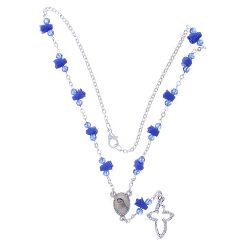 Medjugorje Rosary necklace with blue ceramic roses and icon of Our Lady 4