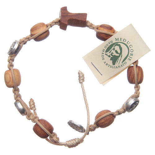 Medjugorje bracelet in olive wood and brown cord with medal with Jesus 1