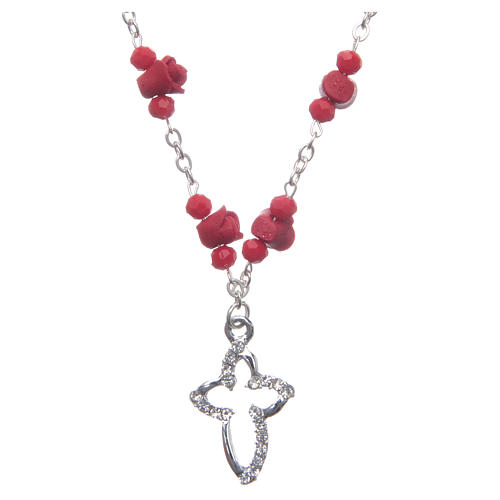 Collar rosario Medjugorje rosas cerámica cuentas cristal rojo 1