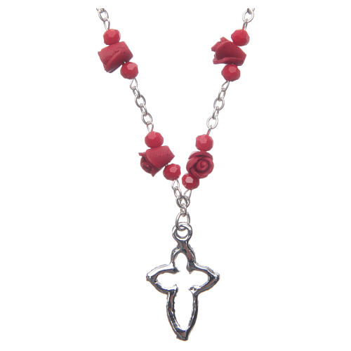 Medjugorje Rosary necklace with ceramic roses and grains in red crystal 2
