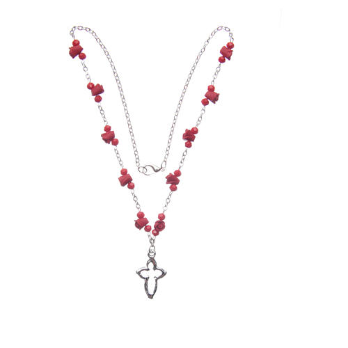 Medjugorje Rosary necklace with ceramic roses and grains in red crystal 3