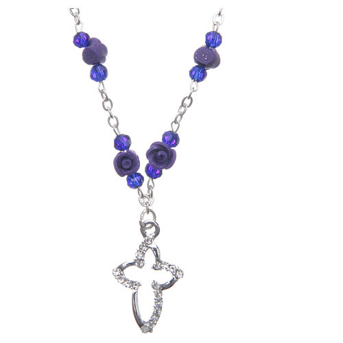 Medjugorje Rosary necklace with ceramic roses and grains in purple crystal 1