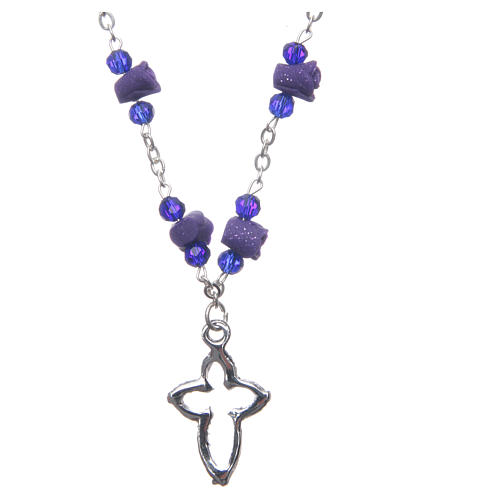 Medjugorje Rosary necklace with ceramic roses and grains in purple crystal 2