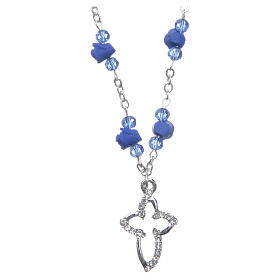 Medjugorje Rosary necklace with ceramic roses and grains in blue crystal