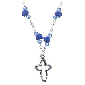 Medjugorje Rosary necklace with ceramic roses and grains in blue crystal