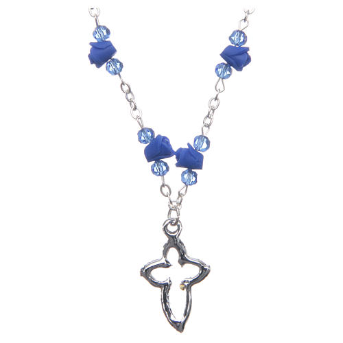 Medjugorje Rosary necklace with ceramic roses and grains in blue crystal 2
