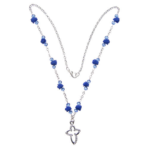 Medjugorje Rosary necklace with ceramic roses and grains in blue crystal 3