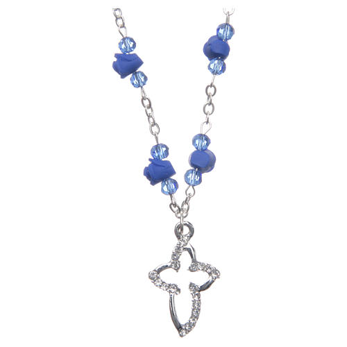 Medjugorje Rosary necklace with ceramic roses and grains in blue crystal 1