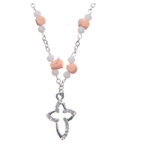 Medjugorje Rosary necklace with ceramic roses and grains in pink crystal 1