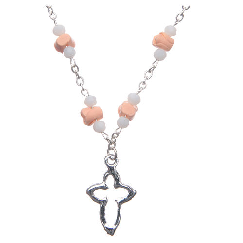 Medjugorje Rosary necklace with ceramic roses and grains in pink crystal 2
