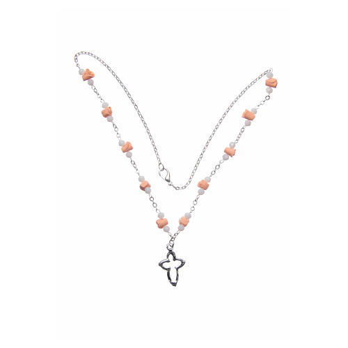 Medjugorje Rosary necklace with ceramic roses and grains in pink crystal 3