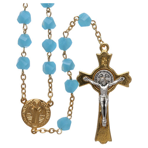 Medjugorje rosary in light blue crystal with golden cross 1