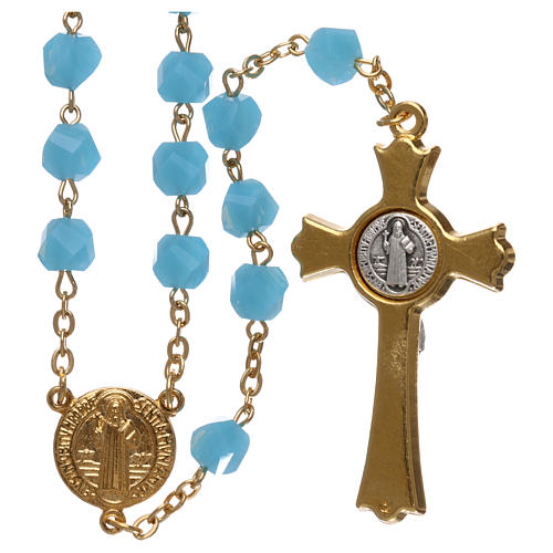 Medjugorje rosary in light blue crystal with golden cross 2