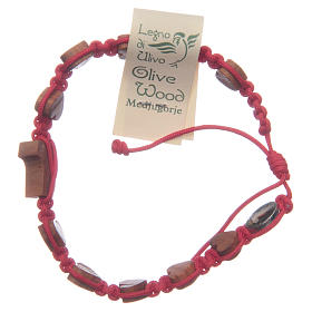 Bracelets, peace chaplets, one-decade rosaries: Handmade Medjugorje bracelet, composed by red cord, hearts and Tau in olive wood