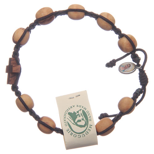 Medjugorje bracelet in olive wood and brown cord 1