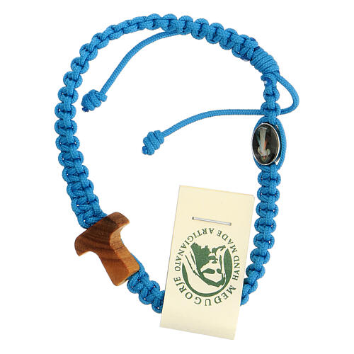 Bracelet Medjugorje croix olivier corde bleu clair 1