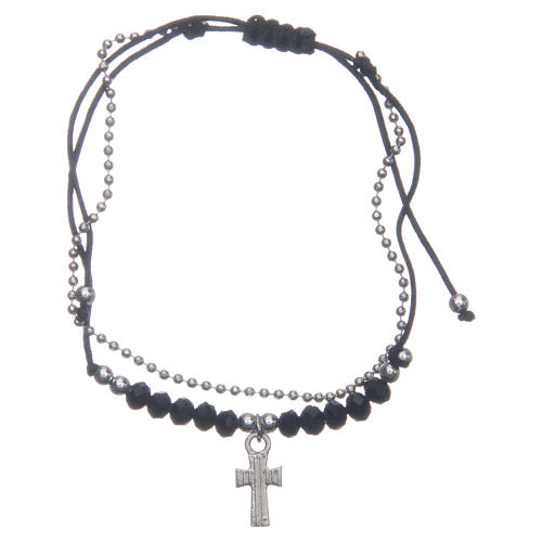 Medjugorje bracelet silver with cord and black crystals 2