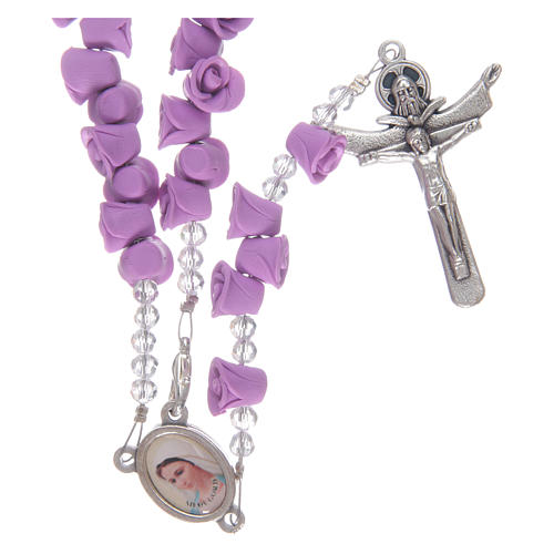 Rosenkranz aus Medjugorje mit Perlen in Form violetter Rosen, Kreuz mit Trinitätsdarstellung 1