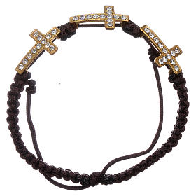 Medjugorje bracelet with 3 golden crosses, strass beads and brown cord