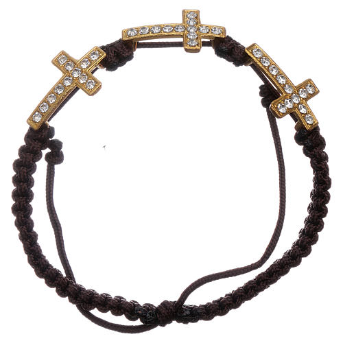 Medjugorje bracelet with 3 golden crosses, strass beads and brown cord 1