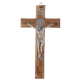 Kreuz aus Medjugorje-Olivenbaumholz mit Symbol von Sankt Benedikt, 19 cm hoch 