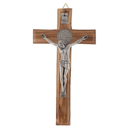 Kreuz aus Medjugorje-Olivenbaumholz mit Symbol von Sankt Benedikt, 19 cm hoch  1
