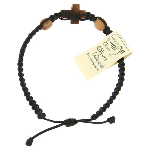 Pulsera Medjuorje cruz olivo 2 granos cuerda negra 2