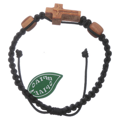 Medjugorje bracelet with cross in olive wood and 2 grains with black cord 1