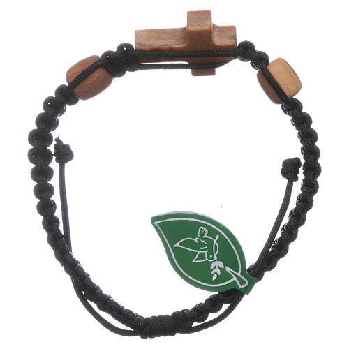 Medjugorje bracelet with cross in olive wood and 2 grains with black cord 2