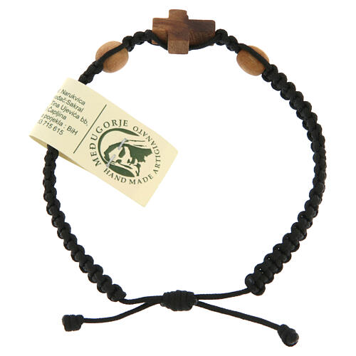 Medjugorje bracelet with cross in olive wood and 2 grains with black cord 1