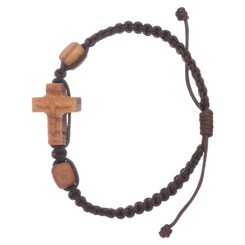 Bracelet Medjugorje croix et grains en olivier corde marron 1