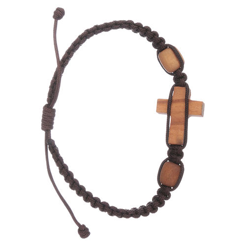 Bracelet Medjugorje croix et grains en olivier corde marron 2