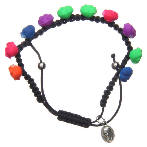 Medjugorje single decade bracelet with fluo coloured roses and black cord 1