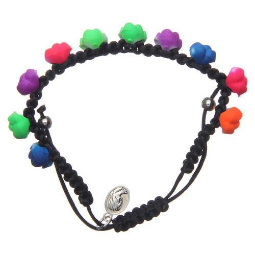 Medjugorje single decade bracelet with fluo coloured roses and black cord 2