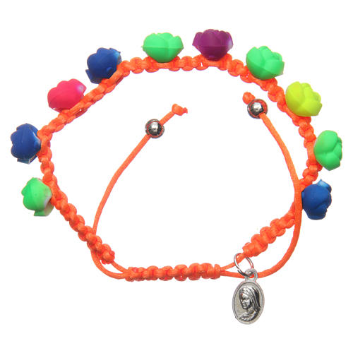 Medjugorje single decade rosary orange with fluo coloured roses 1
