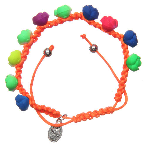 Medjugorje single decade rosary orange with fluo coloured roses 2