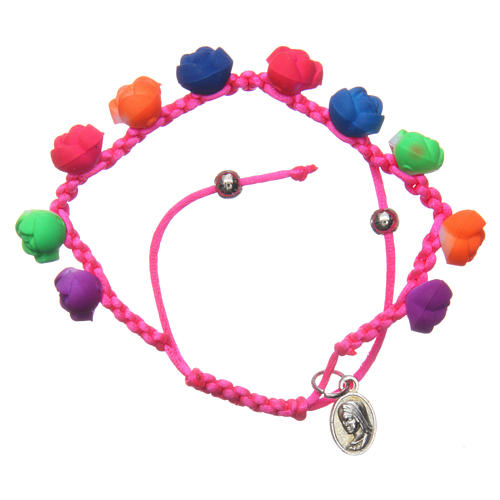 Medjugorje single decade rosary bracelet fuchsia with fluo coloured roses 1