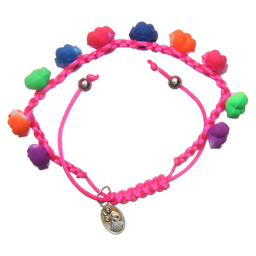 Medjugorje single decade rosary bracelet fuchsia with fluo coloured roses 2