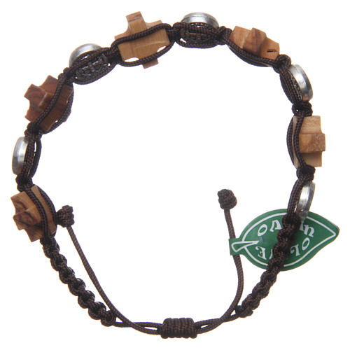 Medjugorje bracelet with olive wood cross and Saint Benedict medalet in brown rope 2