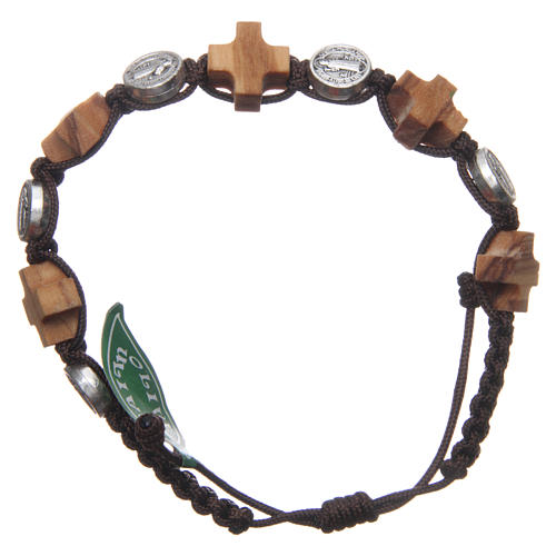 Medjugorje bracelet with olive wood cross and Saint Benedict medalet in brown rope 1