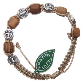 Olive wood bracelet with Saint Benedict cross and beige rope