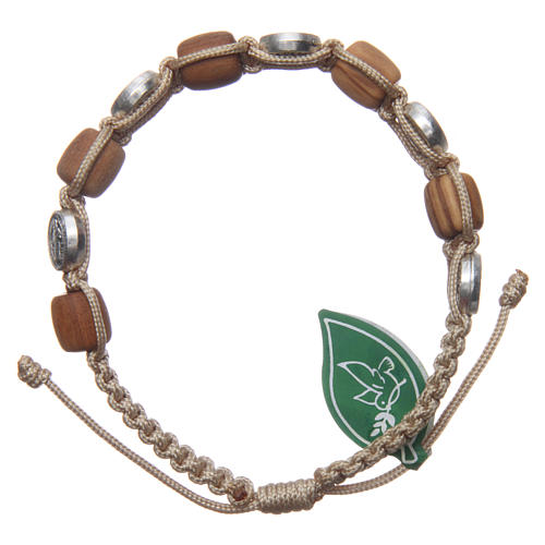 Olive wood bracelet with Saint Benedict cross and beige rope 2