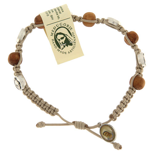 Olive wood bracelet with Saint Benedict cross and beige rope 2