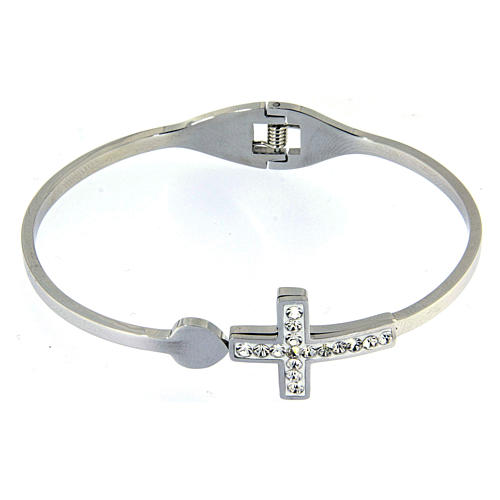 Medjugorje bracelet with white cross, rhinestones and spring opening 1
