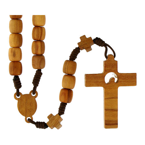 Medjugorje rosary with crosses, 7 mm olive wood grains and beige rope 2